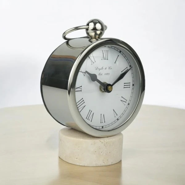 Mini Round Nickel Clock with Travertine Base