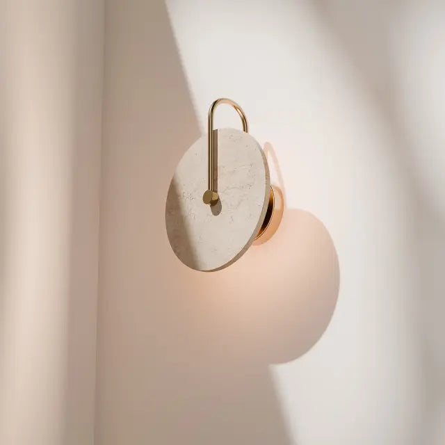 Calibo Orville Travertine 200mm Round Disc LED Wall Light with Brass Handle