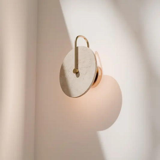 Calibo Orville Travertine 250mm Round Disc LED Wall Light with Brass Handle