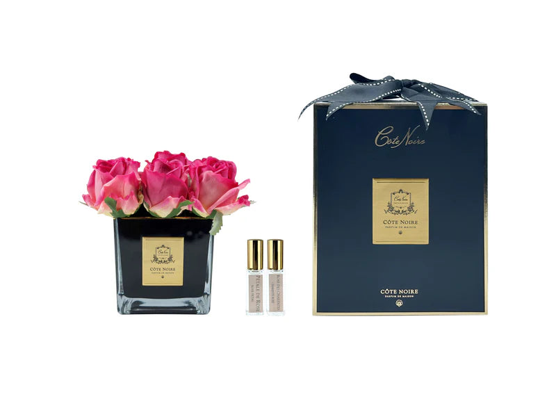 Couture Perfumed Natural Touch 9 Rose Buds - Square Black Vase Gold & Magenta
