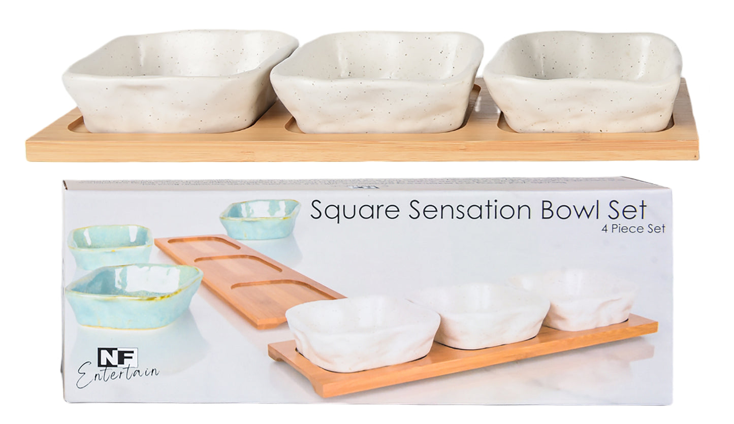 Square Bowls & Tray Set - Speckled White
