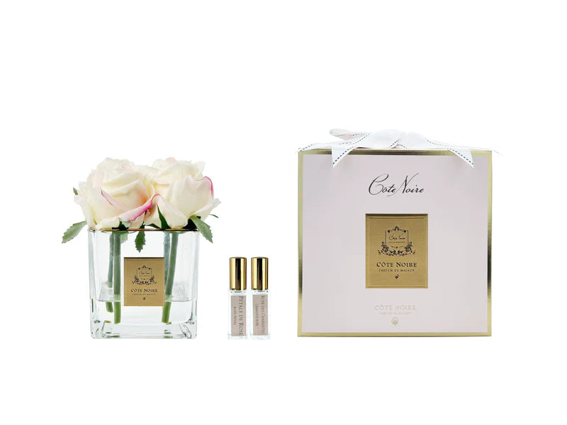 Couture Perfumed Natural Touch 4 Rose Buds - LTD Square Clear Vase Gold & Pink Blush - White Box