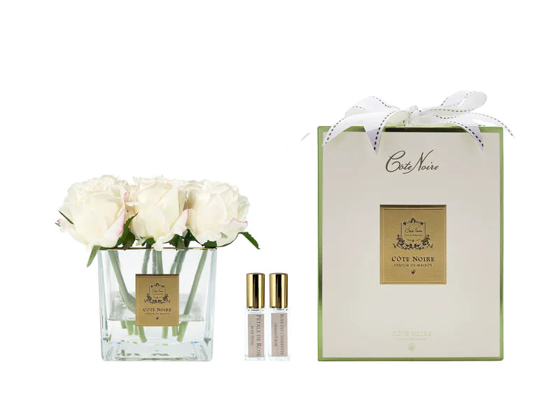 Couture Perfumed Natural Touch 9 Rose Buds LTD - Square Clear Vase Gold & Pink Blush - White Box