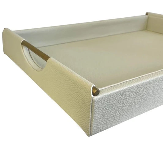 Cream Leather Tray with Gold Handles
