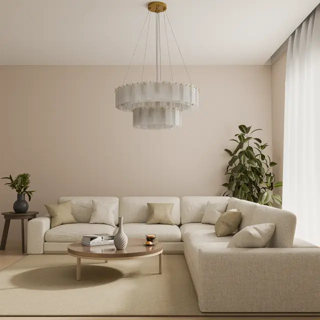 Calibo Mirage 28 Light Tiered Alabaster Stone Round Pendant | Brass