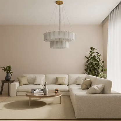 Calibo Mirage 28 Light Tiered Alabaster Stone Round Pendant | Brass