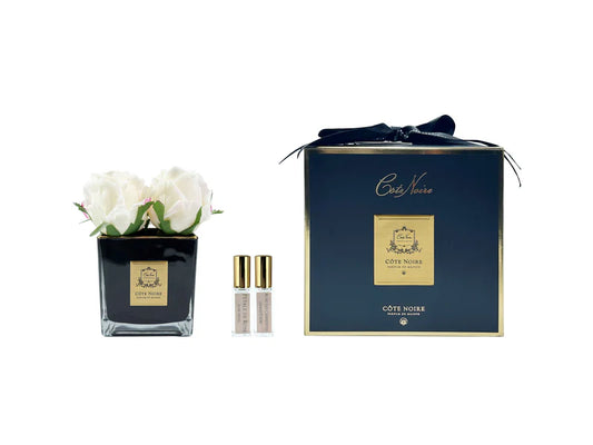 Couture Perfumed Natural Touch 4 Rose Buds Square Black Vase Gold & Pink Blush