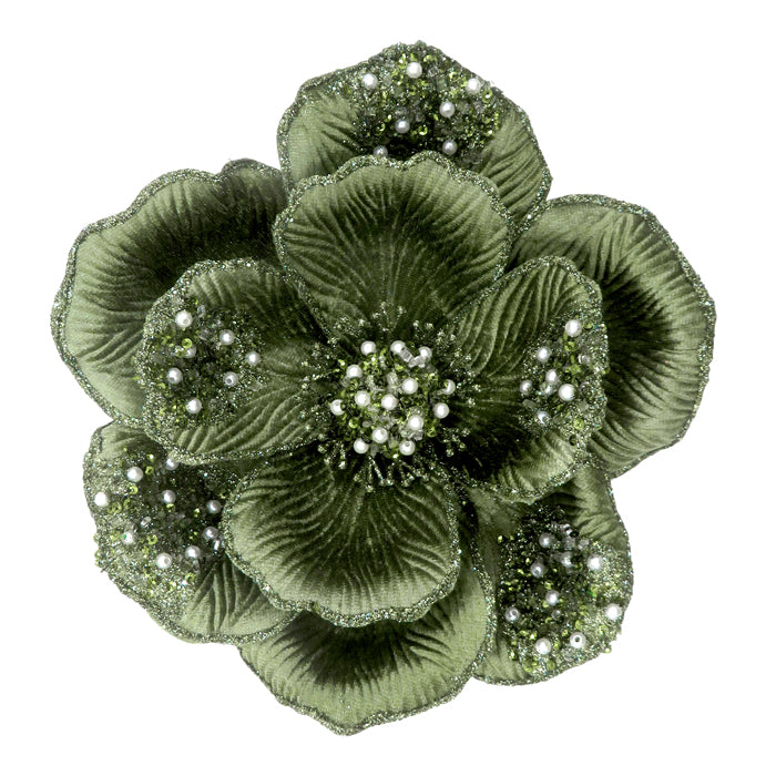 Clip On Magnolia Beaded Petal Green