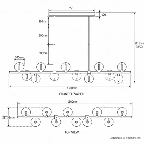 Meteor 14 Light Bar Pendant 1500mm