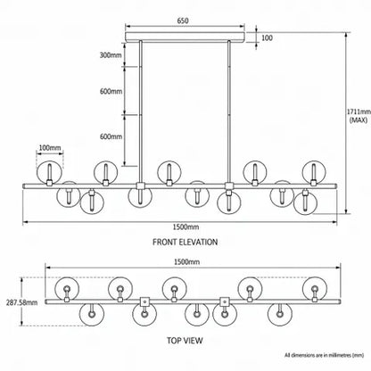 Meteor 14 Light Bar Pendant 1500mm