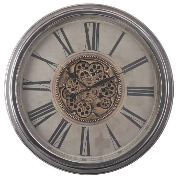 TQ-Y691 : D82.5cm Round French Exposed Gear Wall Clock - Silver Washed